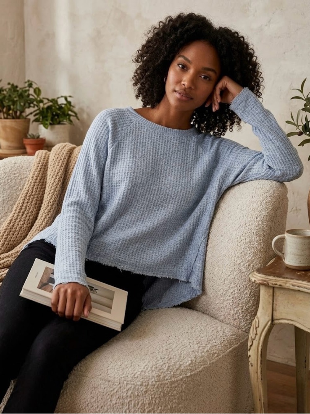 Sky Blue Waffle-Knit Sweater